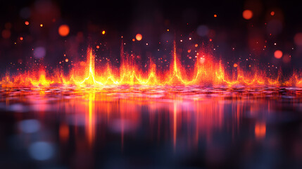 Poster - A vibrant, abstract representation of flames and soundwaves, depicting energy and movement on a reflective surface