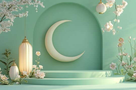 3d rendering image of ramadan and eid fitr theme greeting background with islamic decoration objects.3d Ramadan Kareem with golden moon star and lantern, mosque door islamic pattern, arabic coffee 