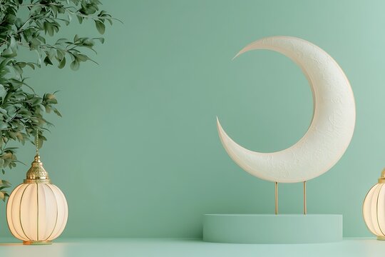 3d rendering image of ramadan and eid fitr theme greeting background with islamic decoration objects.3d Ramadan Kareem with golden moon star and lantern, mosque door islamic pattern, arabic coffee 