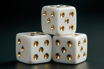 Three white dice with golden dots