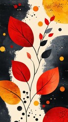 Canvas Print - Red and Orange Autumn Leaves with Artistic Splatter Background in a Modern Abstract Digital Illustration Featuring Bold Contrasting Colors