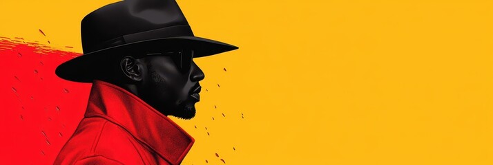 Wall Mural - Silhouette of a Person in a Red Coat and Black Hat Against a Vibrant Yellow Background, Conveying Mystery and Style