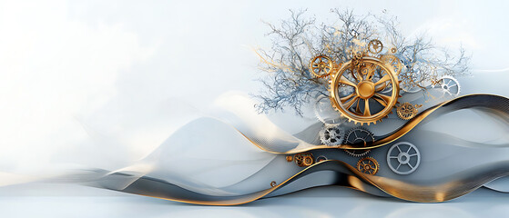 Poster - Mechanisms of nature and technology abstract scene digital art minimalistic design close-up view fusion of elements