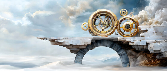 Poster - Mechanical gears in a dreamlike landscape surreal artwork cloudy environment futuristic concept