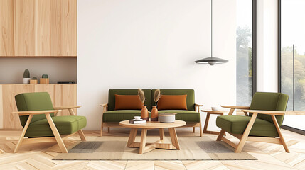 Poster - Modern Scandinavian living room interior with a green sofa, armchairs, and wooden furniture near a window. Cozy home design featuring a beige wall, parquet flooring, a stylish coffee table, and soft l