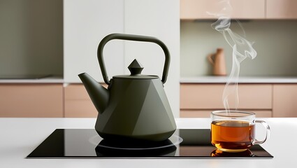 Wall Mural - A modern, geometric green teapot sits on an induction stove with a steaming glass cup of tea beside it. The background features minimalist kitchen cabinets and a blurred kettle