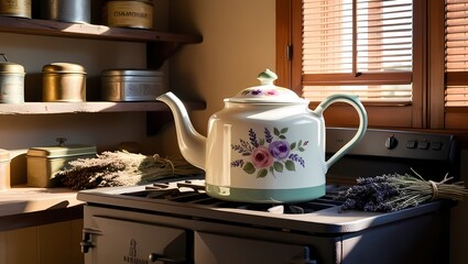 Wall Mural - A vintage teapot with floral designs sits on a stove in a cozy kitchen, surrounded by bundles of lavender and tin containers, illuminated by sunlight through wooden blinds.