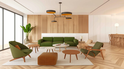 Poster - Modern Scandinavian living room interior with a green sofa, armchairs, and wooden furniture near a window. Cozy home design featuring a beige wall, parquet flooring, a stylish coffee table, and soft l