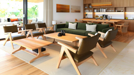 Poster - Modern Scandinavian living room interior with a green sofa, armchairs, and wooden furniture near a window. Cozy home design featuring a beige wall, parquet flooring, a stylish coffee table, and soft l
