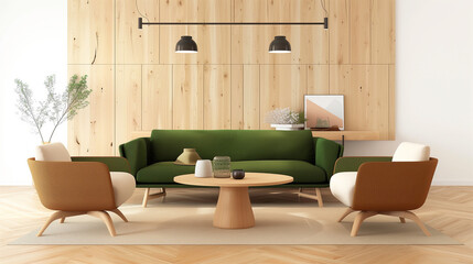 Poster - Modern Scandinavian living room interior with a green sofa, armchairs, and wooden furniture near a window. Cozy home design featuring a beige wall, parquet flooring, a stylish coffee table, and soft l