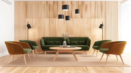 Poster - Modern Scandinavian living room interior with a green sofa, armchairs, and wooden furniture near a window. Cozy home design featuring a beige wall, parquet flooring, a stylish coffee table, and soft l