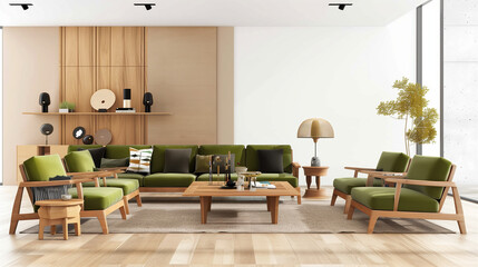 Poster - Modern Scandinavian living room interior with a green sofa, armchairs, and wooden furniture near a window. Cozy home design featuring a beige wall, parquet flooring, a stylish coffee table, and soft l