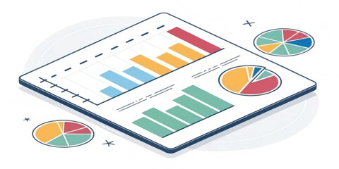 Wall Mural - A colorful digital dashboard displaying bar and pie charts, illustrating data analysis and statistics in a modern design.