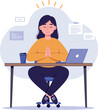 © DesignVectX - Woman practicing mindfulness in a cozy workspace with a laptop and coffee cup in flat vector illustration