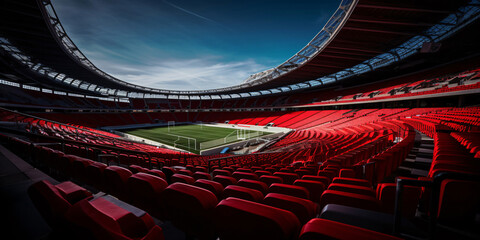 Empty football stadium is ready for a football match. Concept of sport, competition, victory, action and movement.