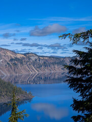 deep blue crater lake scenes on sunny day in october