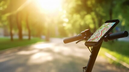 Poster - Smartphone displaying navigation map attached to electric scooter handlebars in a slow motion sequence, with blurred park background and warm sunlight
