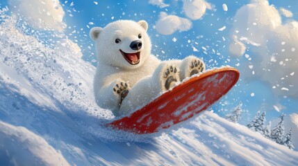 joyful polar bear sledding down snowy hill under bright blue sky