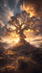 Aufkleber - Low-angle shot of a towering tree glowing under golden hour light, cinematic serenity