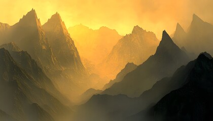Poster - Dreamlike mountain valley at dawn, golden light illuminating cascading mist through jagged peaks, rich earthy tones creating cinematic storytelling with dynamic depth