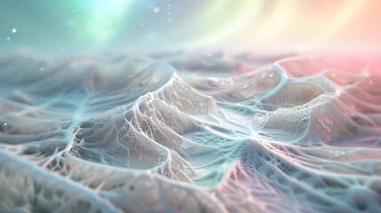 Poster - Surreal snowy tundra glowing under vibrant aurora borealis, intricate icy textures reflecting green and purple light, cinematic minimalism highlighting serene vastness