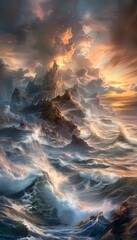 Poster - Vibrant coastline at sunrise, dynamic waves crashing against jagged cliffs, glowing pastel skies creating cinematic energy and expansive beauty