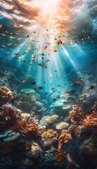 Poster - Surreal underwater reef illuminated by glowing coral, vibrant tropical fish darting through cinematic shafts of light, dreamlike marine atmosphere