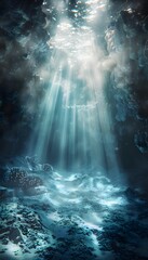 Poster - Hyper-realistic underwater cave glowing with bioluminescent coral, dynamic textures illuminated by cinematic shafts of light, dreamlike marine atmosphere