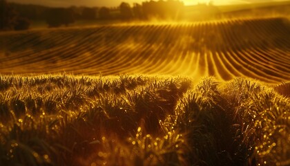 Aufkleber - High-angle shot of farmland, glowing geometric crop patterns stretching into the horizon, cinematic golden hour light capturing vibrant textures