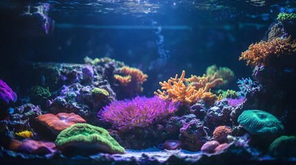 Aufkleber - High-angle shot of a vibrant tropical reef, glowing coral illuminated by cinematic shafts of light, dynamic marine textures creating dreamlike beauty