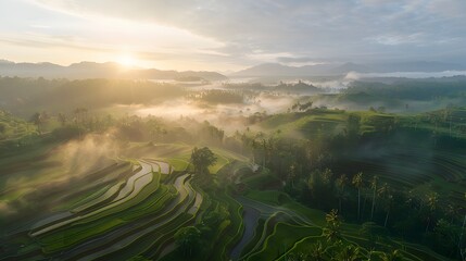 Aufkleber - Wide panoramic view of rice terraces at sunrise, glowing golden light capturing the symmetry of lush green fields, cinematic storytelling