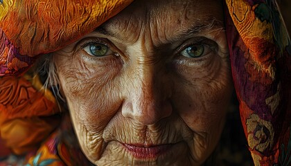 Poster - Close-up portrait of an elderly woman with deep wrinkles, vibrant cultural attire with intricate patterns, soft natural light enhancing texture and detail, cinematic storytelling capturing wisdom and