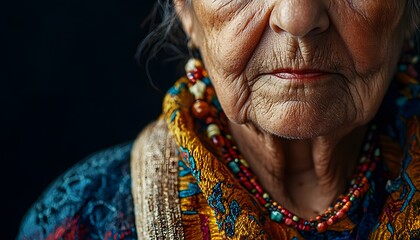 Aufkleber - Close-up portrait of an elderly woman with deep wrinkles, vibrant cultural attire with intricate patterns, soft natural light enhancing texture and detail, cinematic storytelling capturing wisdom and