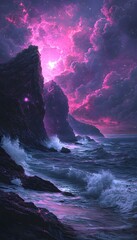 Poster - Dreamlike coastal cliffs with glowing waves resembling liquid light, pastel skies merging into surreal glowing tones, cinematic storytelling capturing a fusion of reality and abstraction