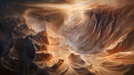 Aufkleber - Wide-angle aerial view of a canyon with intricate erosion patterns, glowing under golden hour light, cinematic surrealism emphasizing natural geometry