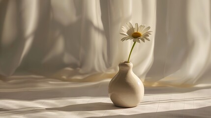 Poster - Close-up of a ceramic vase with a single daisy, soft neutral tones and natural light creating cinematic minimalism