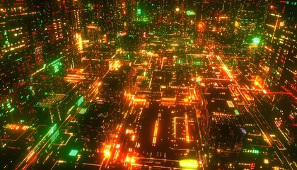 Poster - High-angle view of a glowing futuristic city grid at night, bold neon patterns creating cinematic surrealism