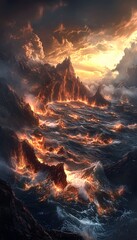 Poster - High-angle view of glowing ocean waves crashing against steep cliffs, cinematic depth capturing dramatic natural energy