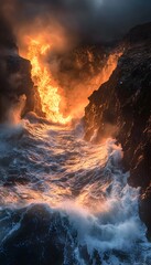 Poster - High-angle view of glowing ocean waves crashing against steep cliffs, cinematic depth capturing dramatic natural energy