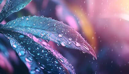Poster - Close-up of raindrops on a vibrant leaf, glowing under soft light, cinematic detail