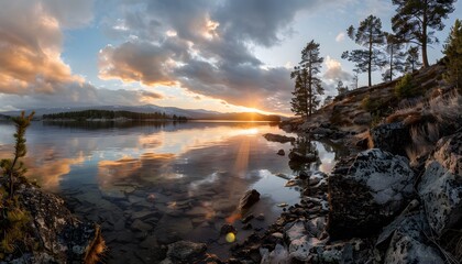 Aufkleber - Wide-angle view of a serene mountain lake, glowing golden hour light, cinematic depth