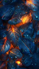 Poster - Close-up of glowing leaves with raindrops reflecting vibrant light, cinematic detail