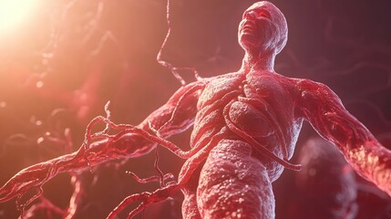 Leinwandbilder - 3D Visualization of Futuristic Superhuman Anatomy with Glowing Red Energy  Conceptual digital art depicting a highly detailed almost lifelike human body with enhanced muscular structure radiant skin