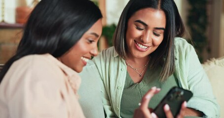 Aufkleber - Friends, phone and relax with women on sofa for social media post, share memory and connection. Streaming, show and support with people in living room at home for search, gossip and online news