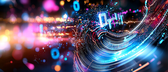 Poster - Digital data visualization displaying flow of information in a vibrant abstract environment