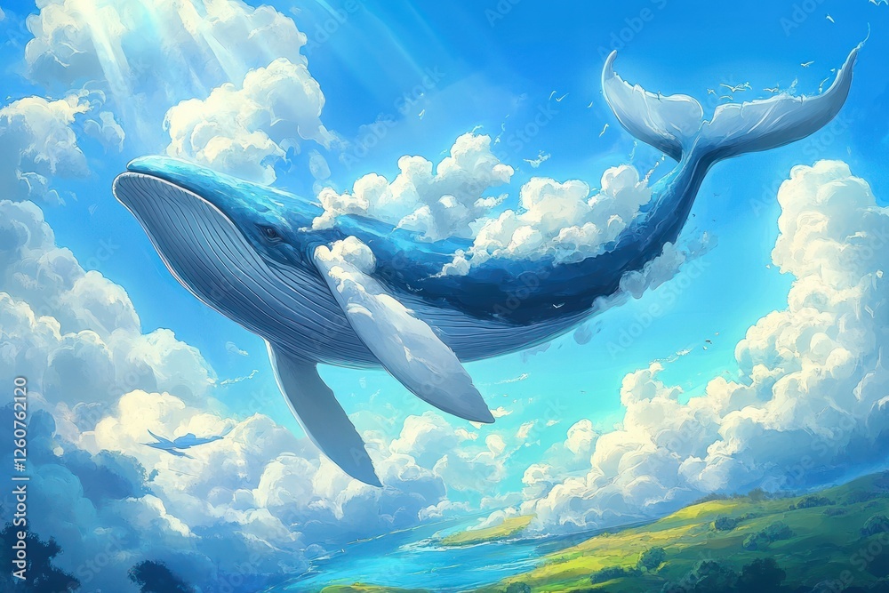 Whale in Sky: Surreal Illustration of a Giant Whale Floating Through ...