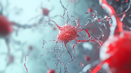Poster - A highly magnified abstract and conceptual image of a red cell or molecular structure rendered in a futuristic and innovative scientific style