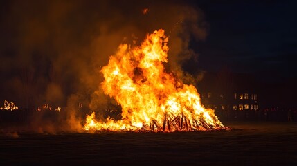 Poster - A large roaring bonfire with vibrant orange and red flames illuminates the rural nighttime landscape creating a dramatic and captivating display of energy and power