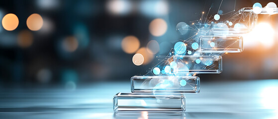 Poster - Innovative glass steps creating a digital pathway modern office photography bright environment close-up view technology concept