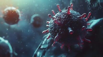 Poster - Abstract digital 3D render of microscopic viral particles and molecular biological structure  Scientific and futuristic imagery for medical research and technology concepts